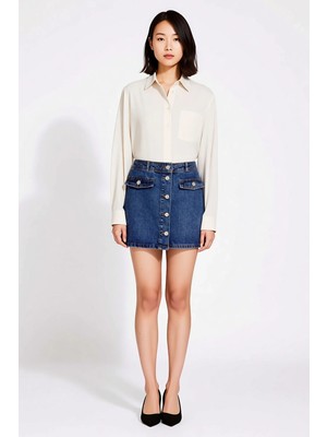 Benerly Kadın Mini Denim Etek Taş Düğme Detaylı Kalem Kesim %100 Pamuk Günlük Rahat Modern Şık Konforlu