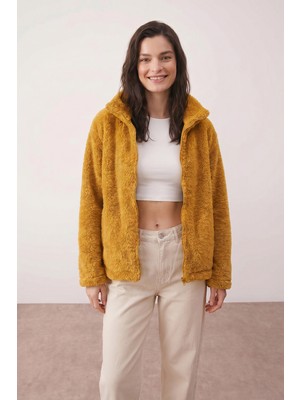 Purpleclo Kadın Oversize Fermuarlı Teddy Peluş Hırka