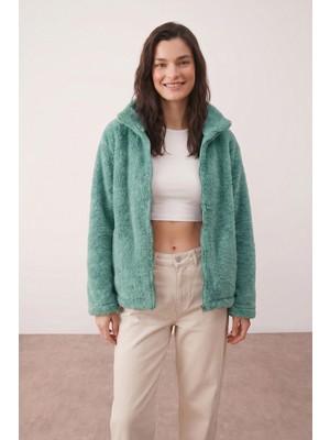 Purpleclo Kadın Oversize Fermuarlı Teddy Peluş Hırka
