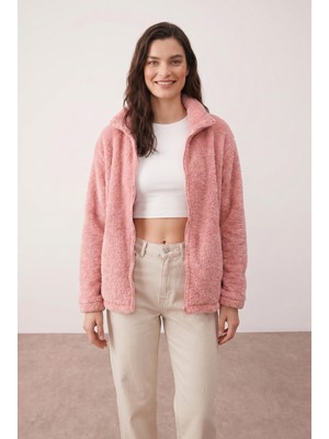 Purpleclo Kadın Oversize Fermuarlı Teddy Peluş Hırka