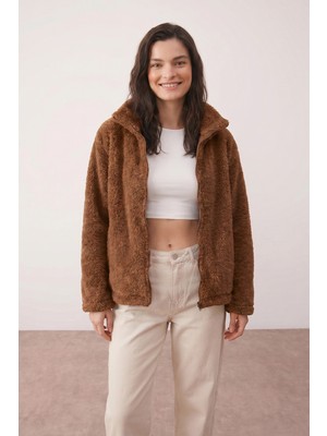 Purpleclo Kadın Oversize Fermuarlı Teddy Peluş Hırka