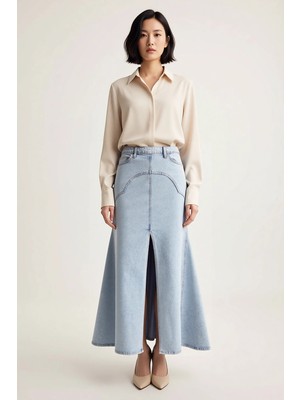 Benerly Kadın Maxi Denim Etek Yüksek Bel Yırtmaçlı Uzun Kesim %99 Pamuk Konforlu Rahat Günlük Modern Şık