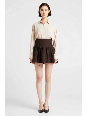 Benerly Kadın Mini Etek %100 Pamuk Gabardin Kumaş Skater Kesim Beli Bağlamalı Cepli Günlük Rahat Modern