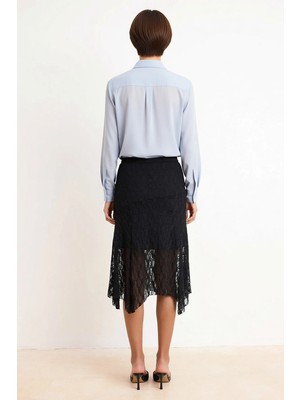 Benerly Kadın Midi Etek Asimetrik Dantel Astar Detaylı A Kesim Örme Bel Normal Polyester Konforlu Günlük