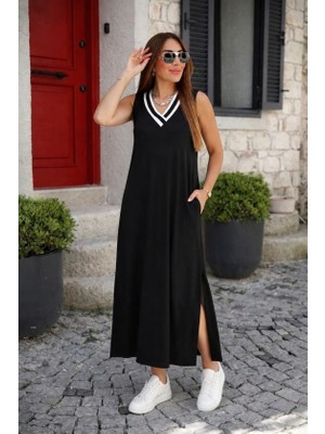 Veraura Lifestyle Kadın Kolsuz V Ribana Yakalı Cepli Uzun Viskon Iki Iplik Elbise
