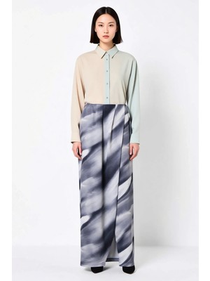 Benerly Kadın Midi Saten Etek Degrade Desenli Yırtmaçlı Sarong Kesim Astarlı Polyester Konforlu Günlük Rahat