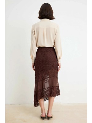 Benerly Kadın Asimetrik Midi Dantel Örme Etek Normal Bel A Kesim Astarsız Polyester Rahat Günlük Modern