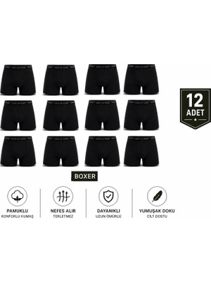 Abani Classic 12 Adet Erkek Boxer Şort Paçalı Ekonomik Paket Pamuk Likralı Konforlu Siyah