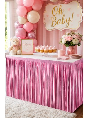 Dodomar Metalize Mat Pembe Masa Eteği Fon Süs 240X75 cm Parti Masa Dekorasyon ve Fon Süsü