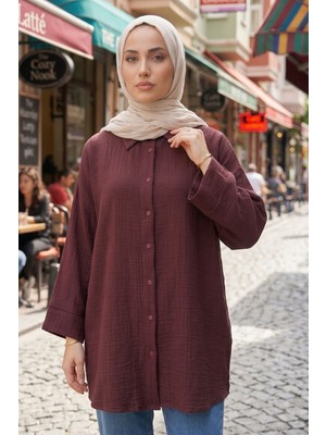 Modestim Kadın Bordo Duble Geniş Kol Müslin Kumaş Yazlık Trend Tesettür Gömlek