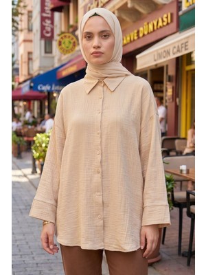 Modestim Kadın Bej Duble Geniş Kol Müslin Kumaş Yazlık Trend Tesettür Gömlek