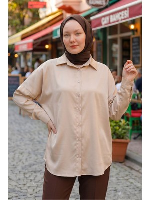 Modestim Kadın Bej Saten Kumaş Tesettür Gömlek Tunik