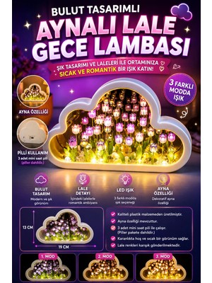 Yenilig Bulut Tasarımlı Aynalı LED Lale Gece Lambası Dekoratif Masa Lambası Çok Renkli