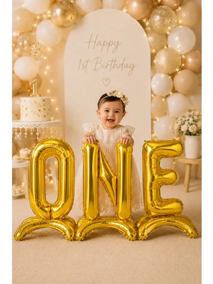 Dodomar Gold Ayaklı One Yazılı 1 Yaş Folyo Balon Seti 75 cm 32 Inç Doğum Günü Parti Süsü