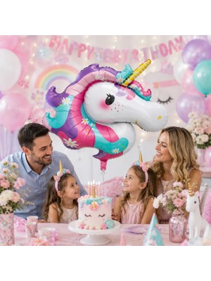 Dodomar Unicorn Kafa Folyo Balon 86X107 cm Unicorn Temalı Doğum Günü Parti Süsü Dekorasyon Balonu