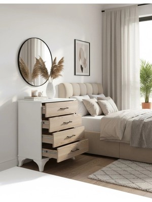 Msy Home Lila Beyaz-Sonomo 4 Çekmeceli Sifonyer Yatak Odası Şifonyer Modern Şifonyer 84X70X38 cm