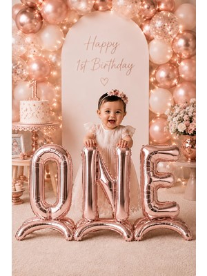 Dodomar Rose Gold Ayaklı One Yazılı 1 Yaş Folyo Balon Seti 75 cm 32 Inç Doğum Günü Parti Süsü