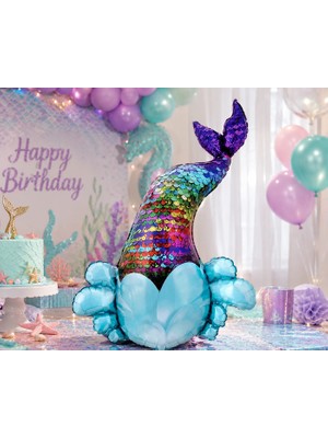 Dodomar Pullu Deniz Kızı Kuyruğu Folyo Balon 78X110 cm Deniz Kızı Temalı Parti Süsü Balonu
