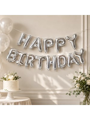 Dodomar Happy Birthday Gümüş Folyo Balon Yazı Seti 13 Parça Ipli Doğum Günü Parti Süsü Dekoru