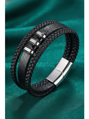 Trend Collection Erkek Siyah Deri Bileklik Çelik Klipsli Örgü Detaylı Çoklu Bileklik
