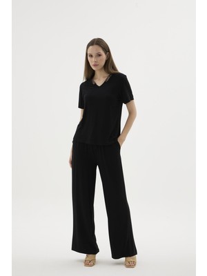 Gizzey Kadın V Yaka Kısa Kol Siyah Pijama Takımı C2T9N512
