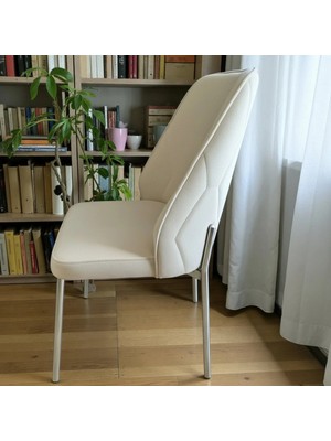 Msy Home 6 Adet Naz Serisi Krom Ayaklı Krem Kumaş Lüks ve Modern Sandalye Seti