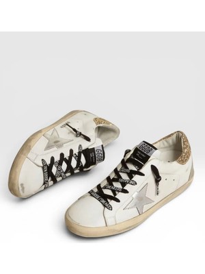 Globalux Golden Goose Super-Star White Leather Silver Star & Gold Glitter Heel - Siyah Logolu Bağcık - Kadın - Ayakkabı
