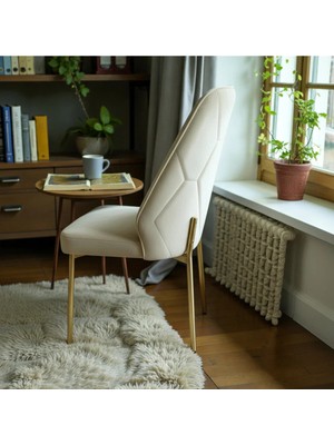 Msy Home 2 Adet Naz Serisi Gold Ayaklı Krem Kumaş Lüks ve Modern Sandalye Seti