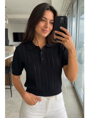Gülseli Kadın Polo Yaka Ajurlu Triko Bluz P-00022042