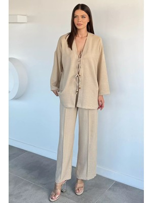 Gülseli Kadın Ön Bağlamalı Ceket Bel Lastikli Pantolon Ikili Takım P-00022033