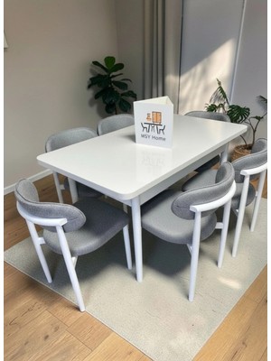 Msy Home 6 Adet Lina A.gri Kumaş 80*130 Beyaz Açılır Masa Sandalye Seti (Modern Seri)Beyaz Iskelet