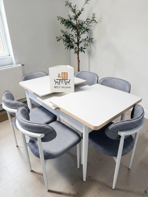 Msy Home 4 Kişilik Lina A.gri Kumaş 80*130 Beyaz Açılır Masa Sandalye Seti (Modern Seri)Beyaz Iskelet