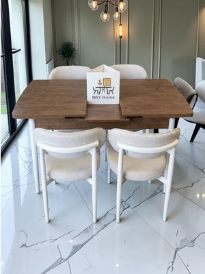 Msy Home 4 Kişilik Lina Beyaz Kumaş 80*130 Antik Çam Açılır Masa Sandalye Seti (Modern Seri)Beyaz Iskelet