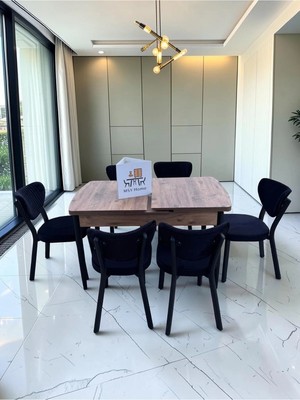 Msy Home Alva 6 Kişilik Yemek Masası Takımı Baby Face Kumaş Çam 80X130 cm Mdf Masa Siyah Iskelet Modern ve Şık
