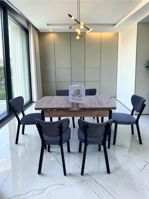 Msy Home Alva 6 Kişilik Yemek Masası Takımı Baby Face Kumaş Çam 80X130 cm Mdf Masa Siyah Iskelet Modern ve Şık
