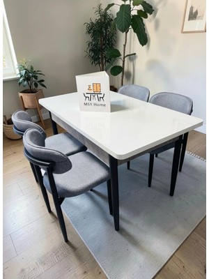 Msy Home 4 Kişilik Lina A.gri Kumaş 80*130 Beyaz Açılır Masa Sandalye Seti (Modern Seri)Siyah Iskelet