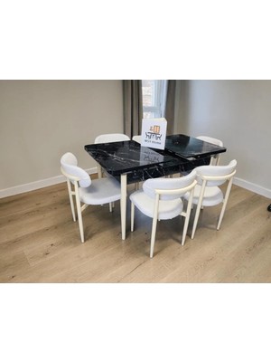 Msy Home 6 Kişilik Lina Beyaz Kumaş 80*130 Siyah Mermer Açılır Masa Sandalye Seti (Modern Seri)Krem Iskelet