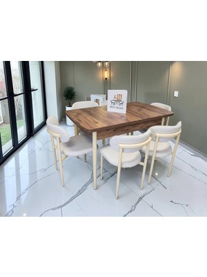 Msy Home 6 Kişilik Lina Beyaz Kumaş 80*130 Antik Çam Açılır Masa Sandalye Seti (Modern Seri)Krem Iskelet