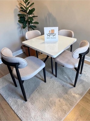 Msy Home 4 Kişilik Vela Krem Kumaş 90*90 Kare Beyaz Sabit Masa Krem Sandalye Seti (Modern Seri)