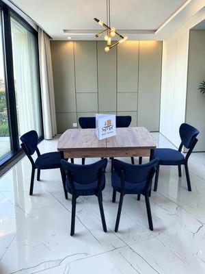 Msy Home Alva 6 Kişilik Yemek Masası Takımı Baby Face Kumaş Çam 80X130 cm Mdf Masa Siyah Iskelet Modern ve Şık
