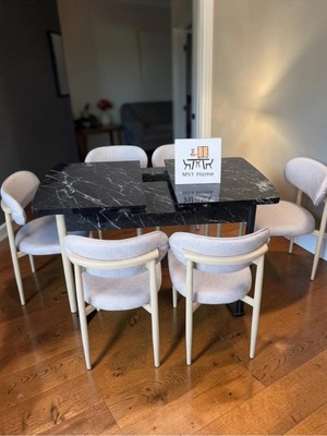 Msy Home 6 Kişilik Lina Krem Kumaş 80*130 Siyah Mermer Açılır Masa Sandalye Seti (Modern Seri)Krem Iskelet