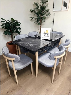 Msy Home 6 Kişilik Lina A.gri Kumaş 80*130 Siyah Mermer Açılır Masa Sandalye Seti (Modern Seri)Krem Iskelet