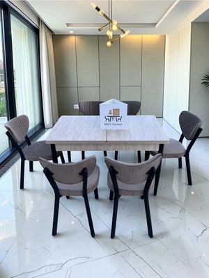 Msy Home Alva 6 Kişilik Yemek Masası Takımı Baby Face Kumaş Traverten 80X130 cm Mdf Masa Siyah Iskelet Modern ve Şık