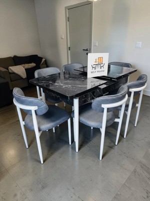 Msy Home 6 Kişilik Lina 80*130 Siyah Mermer Açılır Masa Sandalye Seti (Modern Seri)Krem Iskelet