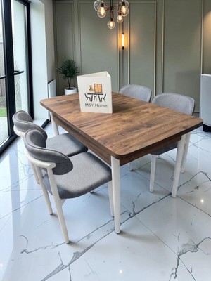 Msy Home 4 Kişilik Lina A.gri 80*130 Antik Çam Açılır Masa Sandalye Seti (Modern Seri)Beyaz Iskelet