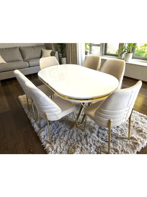 Msy Home 6 Kişilik Monaco Stil Gold Çizgili Krem Yönsüz Kumaş Beyaz Oval Masa Modern Yemek Odası Seti