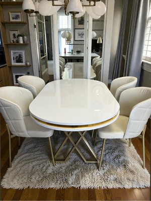 Msy Home 4 Kişilik Serya Beyaz Oval Masa Gold Ayak Yönsüz Kumaş Modern ve Şık Yemek Odası Takımı