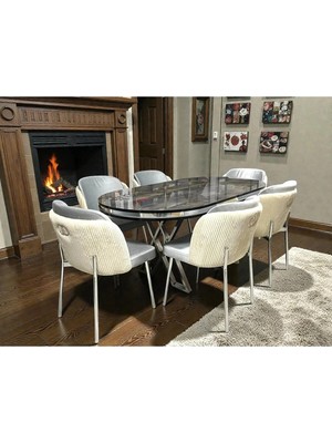 Msy Home 4 Kişilik Aura Krom Serisi Ironi Lake Oval Yemek Masası ve Puffy Açık Gri Sandalye Takımı Modern