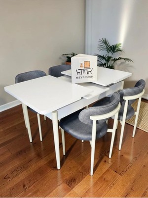Msy Home 4 Kişilik Lina Antrasit Kumaş 80*130 Beyaz Açılır Masa Sandalye Seti (Modern Seri)Krem Iskelet