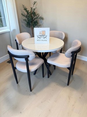 Msy Home 4 Kişilik Vela Krem Kumaş 90*90 Beyaz Yuvarlak Sabit Masa Krem Sandalye Seti (Modern Seri)